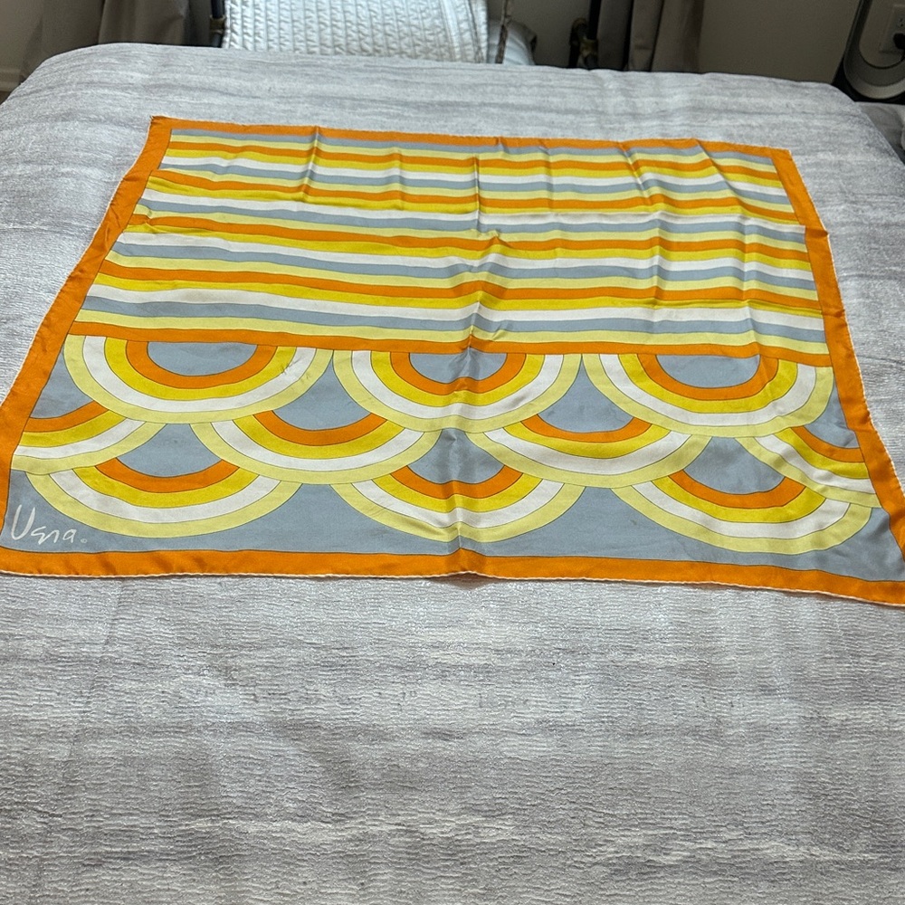 Vera Vintage Silk Striped Orange and Yellow and Grey Scarf